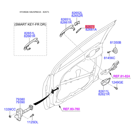 Кришка, ручка дверей ліва 82654-A5000 Mobis - 82654A5000 - схема з каталогу 82671, HAUSPA616 82654A5000
