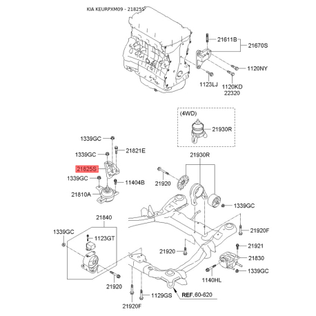 Подушка двигателя 21825-2P200 Mobis - 218252P200 - схема с каталога 21825S, KEURPXM09 218252P200