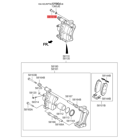 Болт крепления тормозного суппорта 58151-1C000 Mobis - 581511C000 - схема с каталога 58151B, KEURPTA11 581511C000
