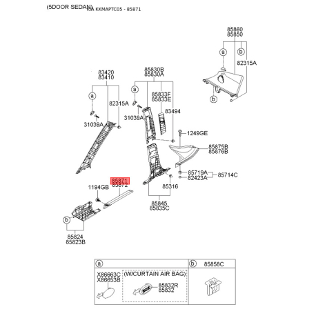 Обивка (накладка) салона левая 85871-1G000RU Mobis - 858711G000RU - схема с каталога 85871, KKMAPTC05 858711G000RU