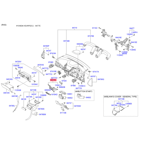Накладка панели прибров (торпеды) 84760-3X000RY Mobis - 847603X000RY - схема с каталога 8477E, KEURPSD11 847603X000RY