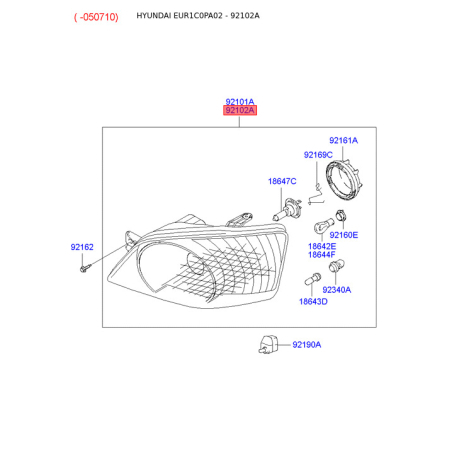 Фара основная правая 92120-1C010 Mobis - 921201C010 - схема с каталога 92102A, EUR1C0PA02 921201C010