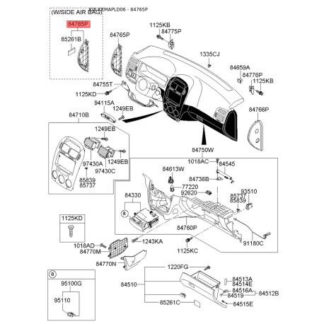 Накладка панели прибров (торпеды) левая 84765-2F005NZ Mobis - 847652F005NZ - схема с каталога 84765P, KKMAPLD06 847652F005NZ