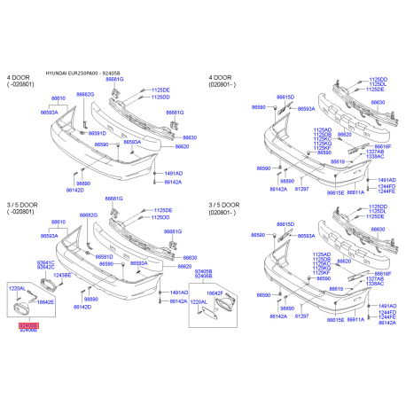 Ліхтар задній лівий 92405-25700 Mobis - 9240525700 - схема з каталогу 92405B, EUR250PA00 9240525700
