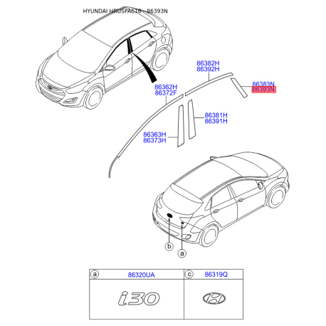 Облицовка / защитная накладка, боковина задняя правая 86393-A5000 Mobis - 86393A5000 - схема с каталога 86393N, HRUSPA616 86393A5000