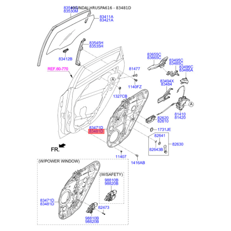 Подъемное устройство для окон правое 83481-A6000 Mobis - 83481A6000 - схема с каталога 83481D, HRUSPA616 83481A6000
