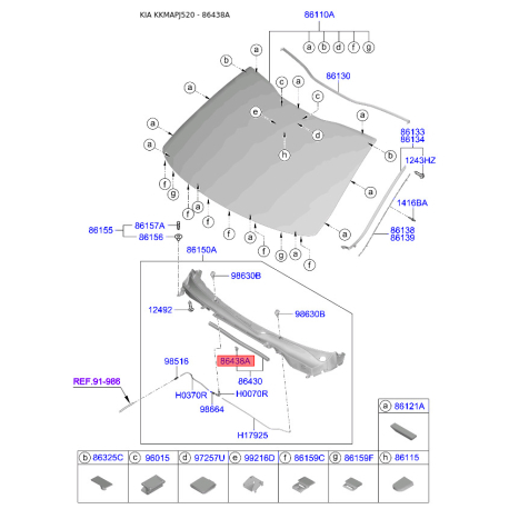 Пистон (клипса) шумоізоляція (теплоізоляція) капота 86438-2T000 Mobis - 864382T000 - схема з каталогу 86438A, KKMAPJ520 864382T000