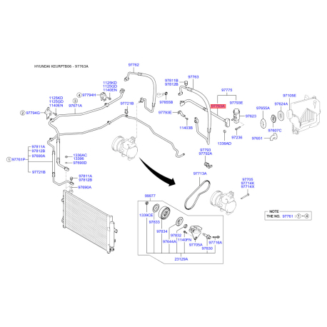 Трубопровід високого/низкого тиску, кондиціонер 97764-1C150 Mobis - 977641C150 - схема з каталогу 97763A, KEURPTB06 977641C150