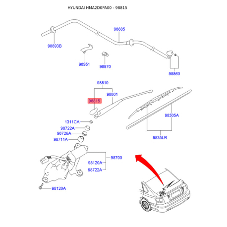 Крепление заднего рычага стеклоочистителя и трапеции 98812-2D000 Mobis - 988122D000 - схема с каталога 98815, HMA2D0PA00 988122D000