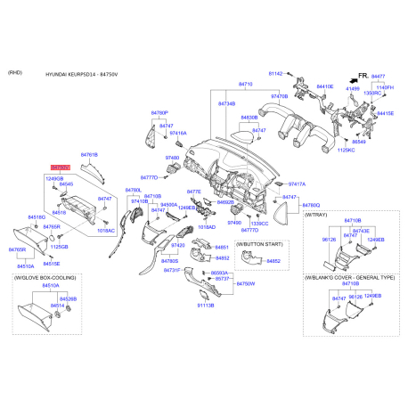 Накладка панели прибров (торпеды) левая 84750-3XAB0RY Mobis - 847503XAB0RY - схема с каталога 84750V, KEURPSD14 847503XAB0RY
