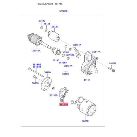 Угольная щетка, стартер 36170-02555 Mobis - 3617002555 - схема с каталога 36170A, KEURPSA08 3617002555