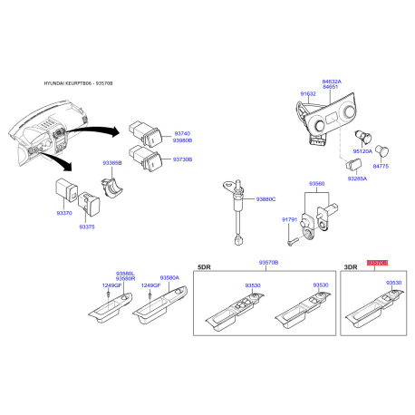 Блок кнопок стеклоподъёмника 93570-1C030WK Mobis - 935701C030WK - схема с каталога 93570B, KEURPTB06 935701C030WK