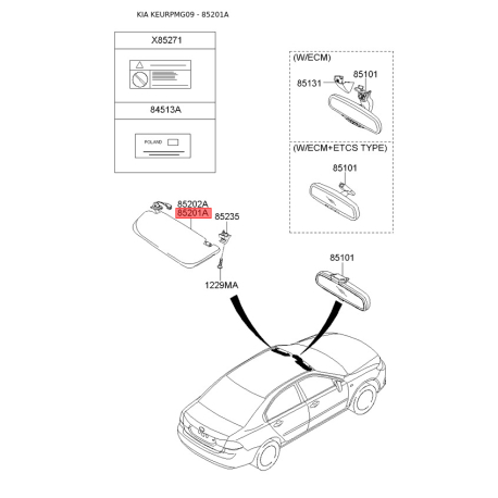 Солнцезащитный козырёк левый 85201-2G775QW Mobis - 852012G775QW - схема с каталога 85201A, KEURPMG09 852012G775QW