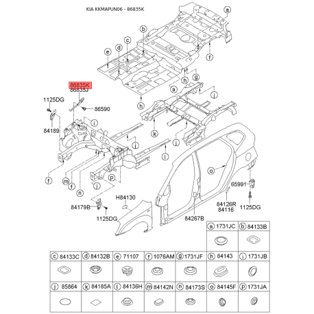 Накладка туннеля днища кузова правая 84166-1D000 Mobis - 841661D000 - схема с каталога 86835K, KKMAPUN06 841661D000