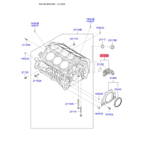 Крышка картера, блок-картер двигателя 21150-3C100 Mobis - 211503C100 - схема с каталога 21150A, KEURPGH06 211503C100