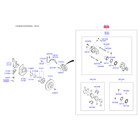 Суппорт тормозной в сборе левый 58110-2H500 Mobis - 581102H500 - схема с каталога 58110, KEURPHD06 581102H500