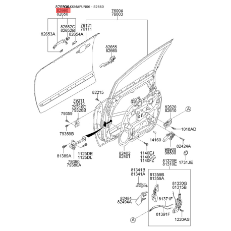Ручка дверей права 82660-1D020 Mobis - 826601D020 - схема з каталогу 82660, KKMAPUN06 826601D020