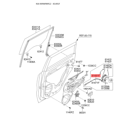 Замок дверей 81491-2K000 Mobis - 814912K000 - схема з каталогу 81491F, KKMAPAM12 814912K000