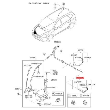 Розпилювач води для чищення, система очищення вікон лівий 98630-1D000 Mobis - 986301D000 - схема з каталогу 98631A, KKMAPUN06 986301D000