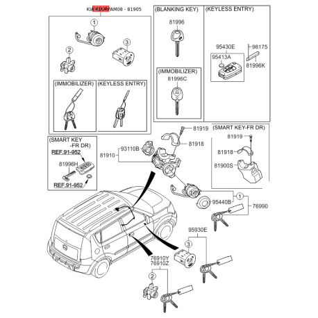 Замок (циліндр) запалювання з ключами 81905-2K290 Mobis - 819052K290 - схема з каталогу 81905, KEURPAM08 819052K290