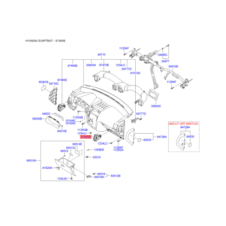 Решётка панели приборов (торпеды) правая 97480-1C500WK Mobis - 974801C500WK - схема с каталога 97480B, IEURPTBI07 974801C500WK