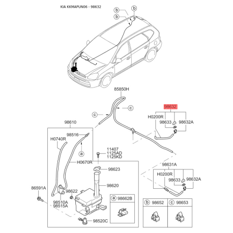 Распылитель воды для чистки, система очистки окон правый 98630-1D050 Mobis - 986301D050 - схема с каталога 98632, KKMAPUN06 986301D050