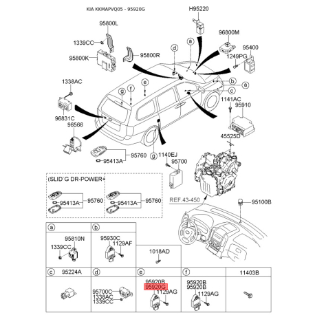 Датчик, продольное / поперечное ускорение переднее 95920-2F500 Mobis - 959202F500 - схема с каталога 95920G, KKMAPVQ05 959202F500