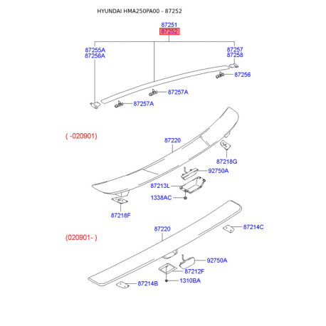Молдинг крыши правый 87261-25200 Mobis - 8726125200 - схема с каталога 87252, HMA250PA00 8726125200