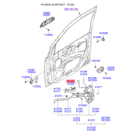Тяга, замок дверей лівий 81381-1C000 Mobis - 813811C000 - схема з каталогу 81381, IEURPTBI07 813811C000