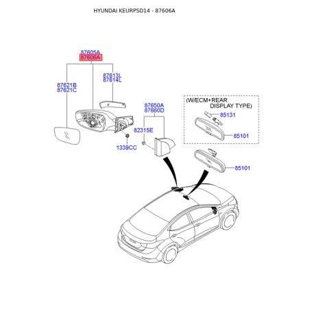Зеркало наружное заднее правое 87620-3X530 Mobis - 876203X530 - схема с каталога 87606A, KEURPSD14 876203X530