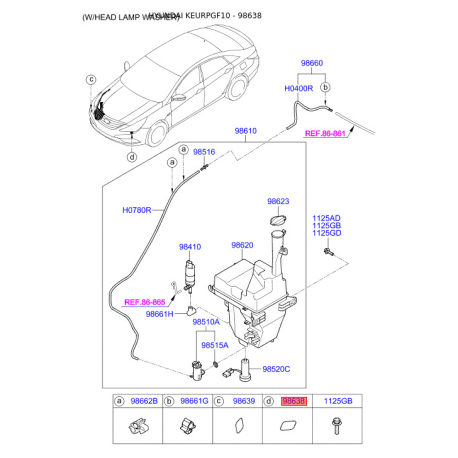 Адаптер, водяной насос омывателя левый 98680-3S000 Mobis - 986803S000 - схема с каталога 98638, KEURPGF10 986803S000