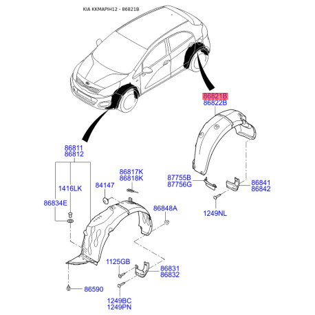 Обшивка (подкрылок), колесная ниша левая 86821-1W110 Mobis - 868211W110 - схема с каталога 86821B, KKMAPIH12 868211W110