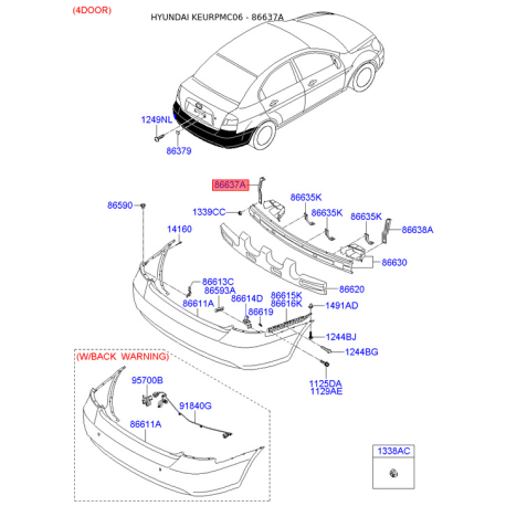 Кронштейн, буфер левый верхний 86637-1E100 Mobis - 866371E100 - схема с каталога 86637A, KEURPMC06 866371E100