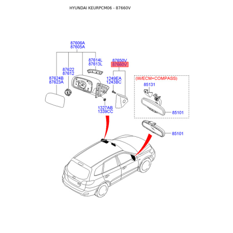 Зеркало наружное правое 87660-2B001WK Mobis - 876602B001WK - схема с каталога 87660V, KEURPCM06 876602B001WK