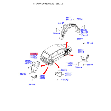 Обшивка (подкрылок), колесная ниша левая 86821-1C000 Mobis - 868211C000 - схема с каталога 86821B, EUR1C0PA02 868211C000