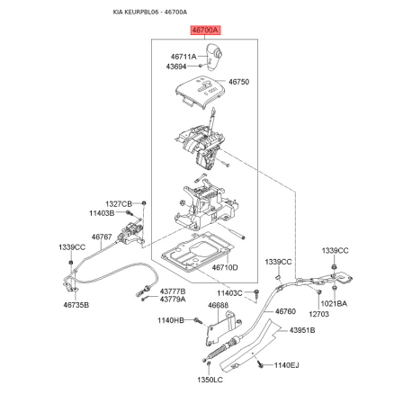 Важіль перемикання передач АКПП 46700-3E7629W Mobis - 467003E7629W - схема з каталогу 46700A, KEURPBL06 467003E7629W