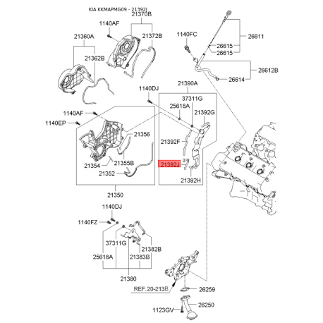 Прокладка (ущільнювач) кришки ременя распредвала задня права 21392-3E030 Mobis - 213923E030 - схема з каталогу 21392J, KKMAPMG09 213923E030