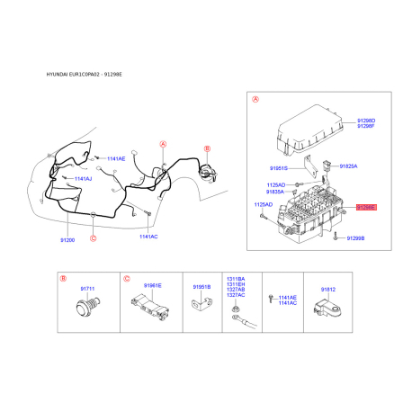 Коробка предохранителей и реле 91288-1C000 Mobis - 912881C000 - схема с каталога 91298E, EUR1C0PA02 912881C000