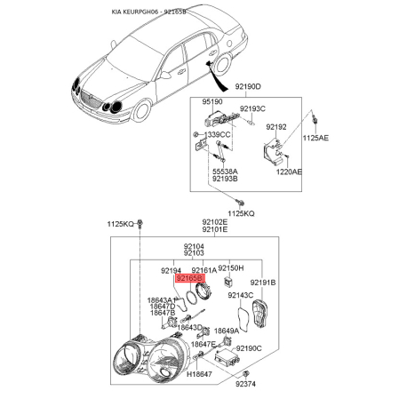 Крышка фары 92141-34550 Mobis - 9214134550 - схема с каталога 92165B, KEURPGH06 9214134550
