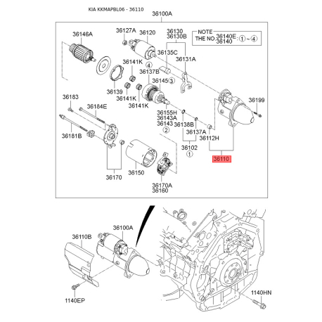 Кришка стартера передня 36110-3C022 Mobis - 361103C022 - схема з каталогу 36110, KKMAPBL06 361103C022