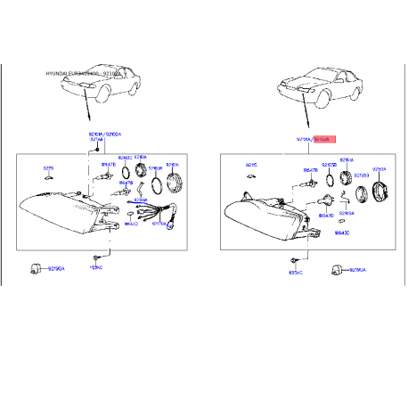 Фара основная правая 92102-34061 Mobis - 9210234061 - схема с каталога 92102A, EUR3409400 9210234061