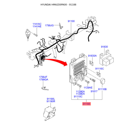 Коробка запобіжників та реле 91110-2D001 Mobis - 911102D001 - схема з каталогу 91188, HMA2D0PA00 911102D001