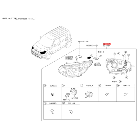 Фара основная левая 92101-B2260 Mobis - 92101B2260 - схема с каталога 92101A, KRUSPB216 92101B2260