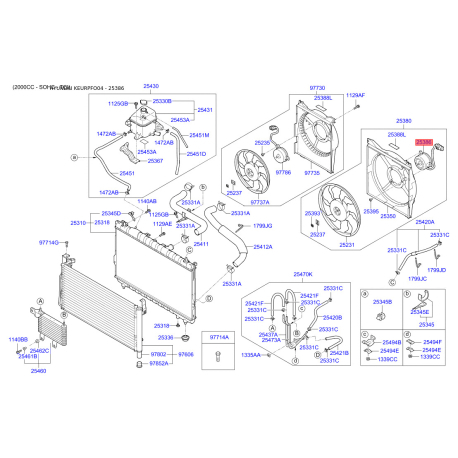 Вентилятор радіатора охолодження 25386-3A150 Mobis - 253863A150 - схема з каталогу 25386, KEURPFO04 253863A150