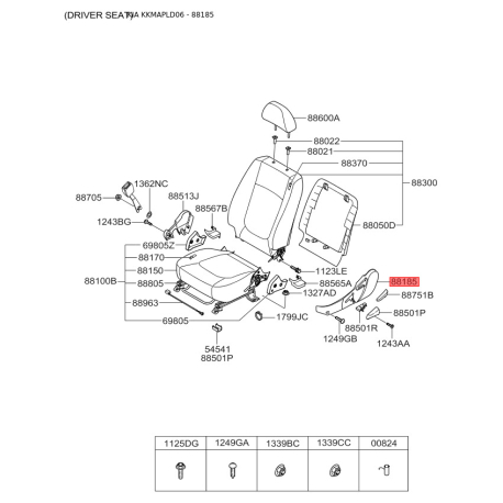 Каркас сидіння з оздобленням лівий 88503-2F00087 Mobis - 885032F00087 - схема з каталогу 88185, KKMAPLD06 885032F00087