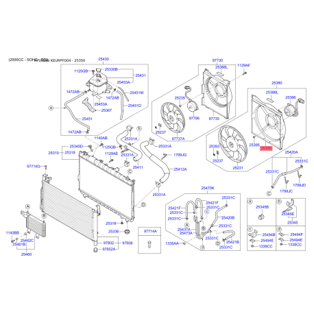 Вентилятор радиатора охлаждения 25350-26000 Mobis - 2535026000 - схема с каталога 25350, KEURPFO04 2535026000