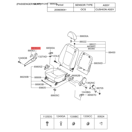 Каркас сиденья с отделкой правый 88602-2F100NM Mobis - 886022F100NM - схема с каталога 88062A, KKMAPLD06 886022F100NM