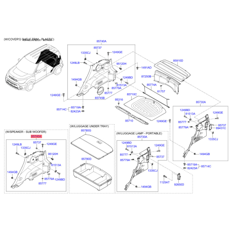 Оббивка багажника права 85740-B2100EQ Mobis - 85740B2100EQ - схема з каталогу 85740A, KEURPB216 85740B2100EQ
