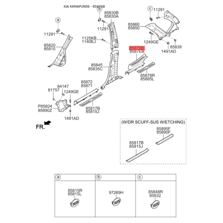 Оббивка (накладка) салону права 85882-1D000RU Mobis - 858821D000RU - схема з каталогу 85876B, KKMAPUN06 858821D000RU