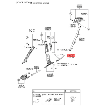 Оббивка (накладка) салону права 85876-1G500RU Mobis - 858761G500RU - схема з каталогу 85876B, KKMAPTC05 858761G500RU